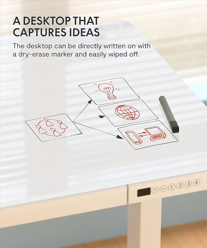 FLEXISPOT Electric Glass Standing Desk with Drawer Desktop & Adjustable Frame Quick Install w/USB Charge Ports, Child Lock (White, Glass)