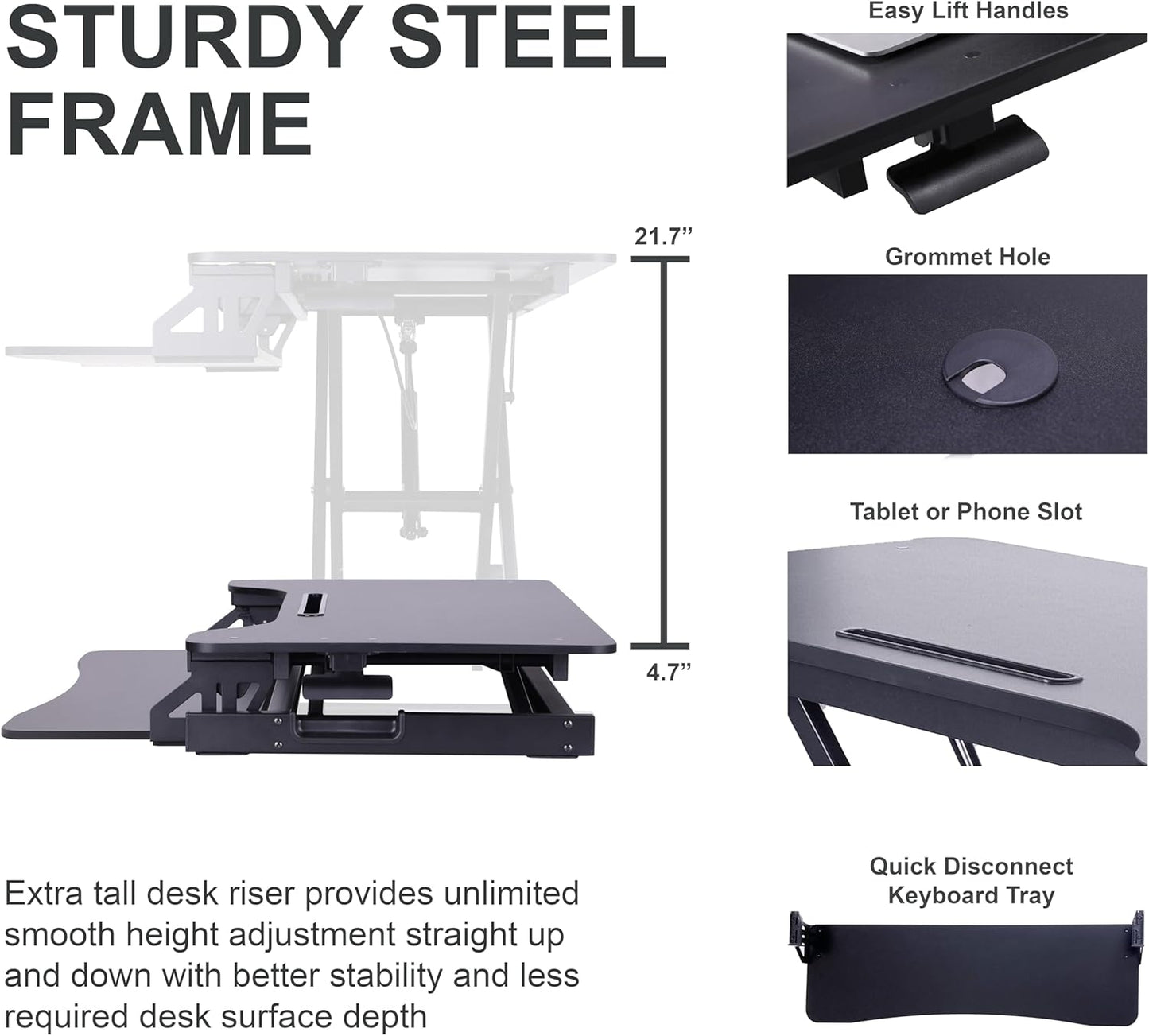 Rocelco 43" Height Adjustable Standing Desk Converter - Tall Sit Stand Up Tabletop Riser with Tablet Slot - Home Office Computer Workstation - Deep Keyboard Tray for Laptop Mouse - Black (R VADRB-43)