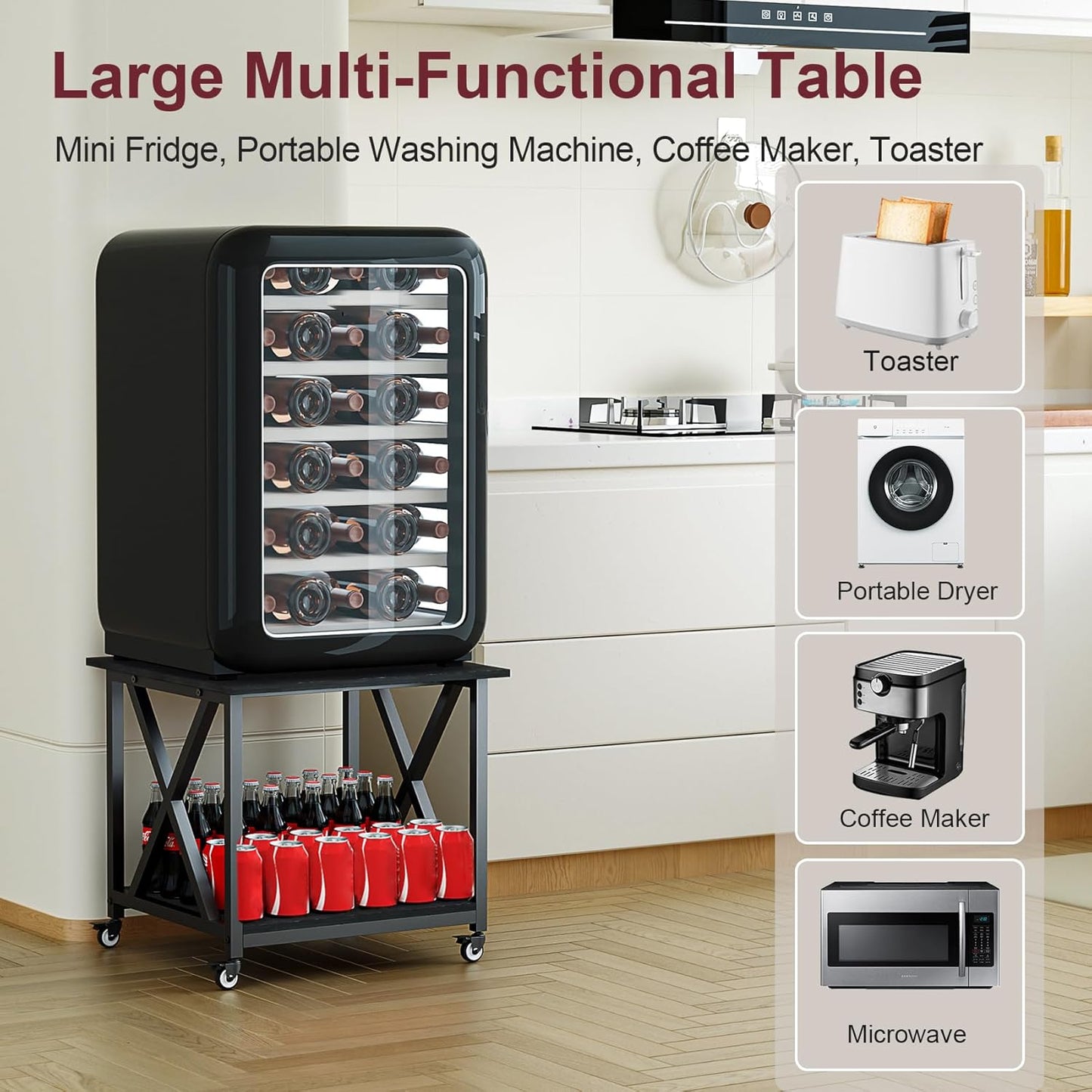 2 Tier Large Printer Stand, 23.6 x 23.6 Inches Printer Table with Storage Shelf, Rolling Printer Cart with Industrial Wheels for Home Office (Black)