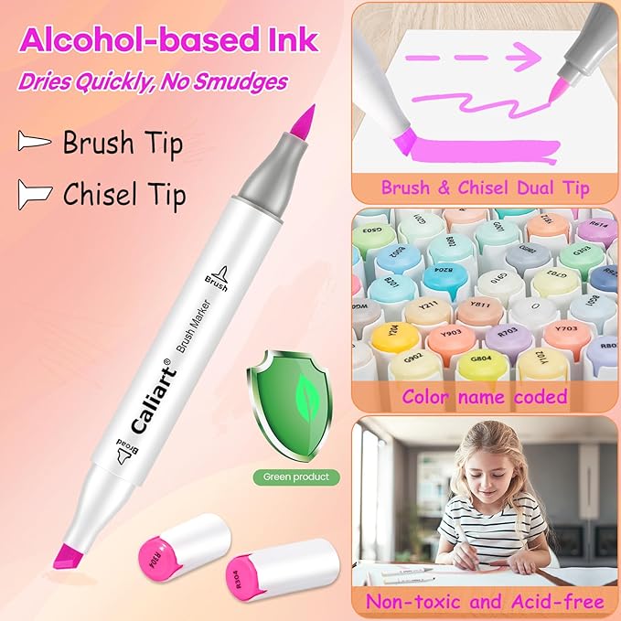 Caliart 168 Colors Brush & Chisel Alcohol Markers for Adult Coloring Book, Dual Tip Artist Sketch Art Markers, Aesthetic Cute Preppy Stuff School Supplies, Pens for Lettering Drawing Cards Planner