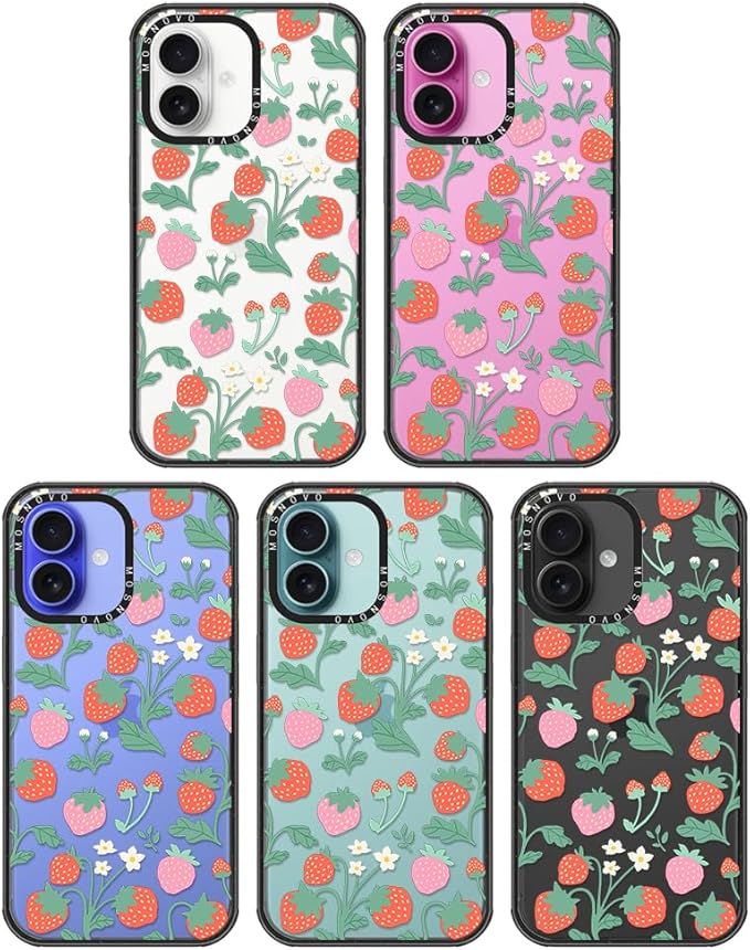 MOSNOVO Case for iPhone 16 Plus, [10ft 4X Military-Grade Drop Protection] Durable & Shockproof Phone Case Cover Design for iPhone 16 Plus - Strawberry Garden - Clear Black