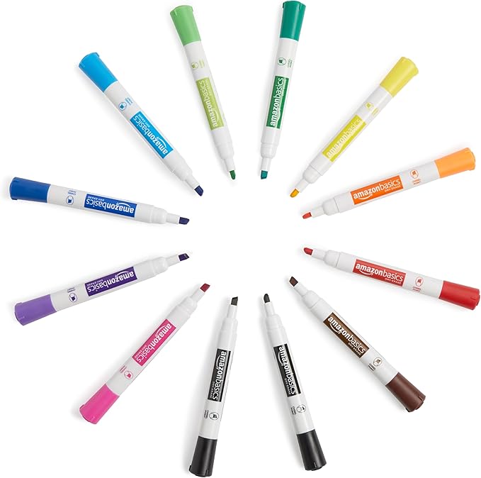 Amazon Basics Dry Erase Markers For Whiteboards, Chisel Tip, Low-Odor, Assorted Colors, Pack of 12