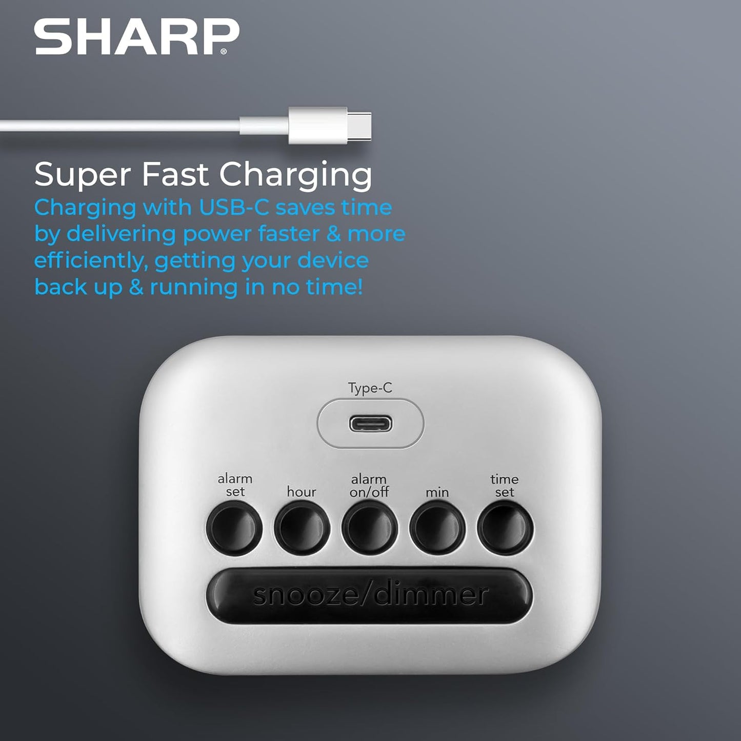 Sharp Digital Alarm Clock with Super Fast USB-C Charge Port & Green LED Display