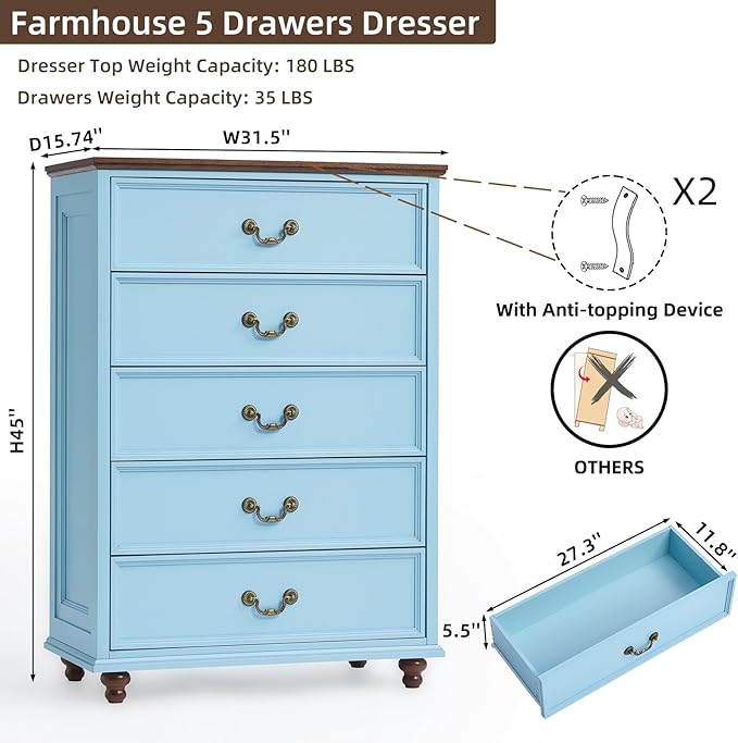 Farmhouse 5 Drawer Dresser Set of 2 for Bedroom, 45" Tall Vintage Chests of Drawers w/ 4 Solid Wood Feet, Mid Century Rustic Closet Storage Dressers Organizer for Living Room, Light Blue