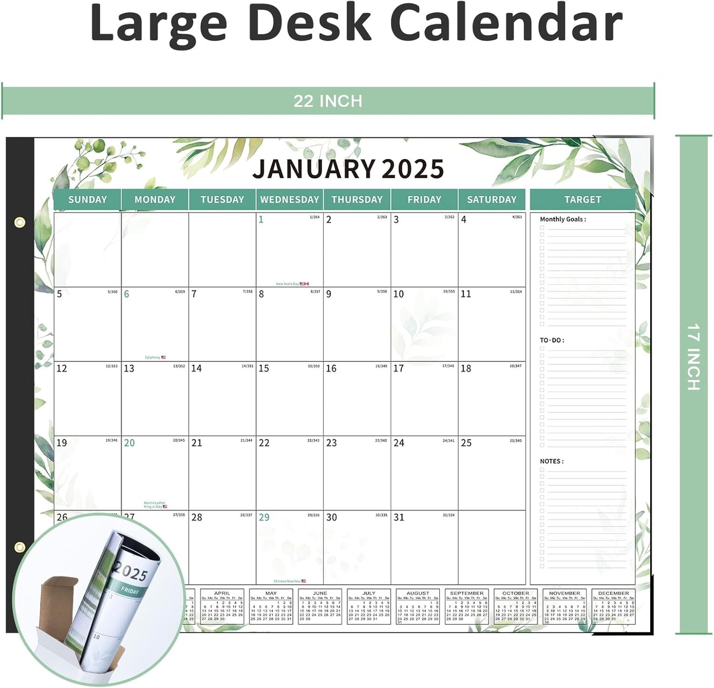Ospelelf Desk Calendar 2025-2026 Large 22"x17" Monthly Planner Pad with Plastic Cover 18 Months Green Leaves