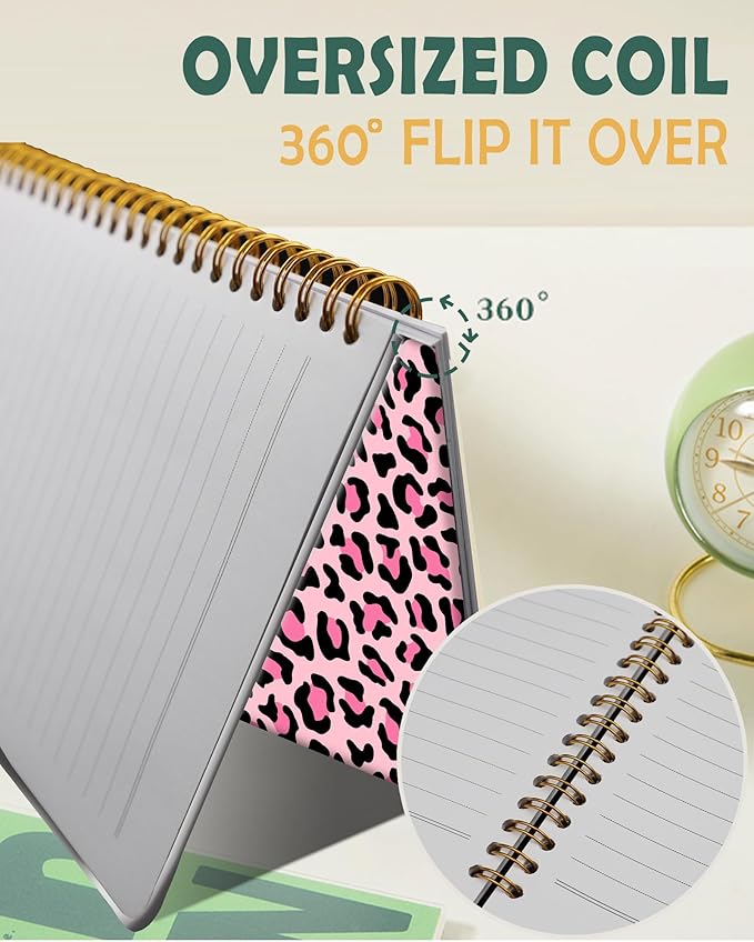 Ruled Spiral Writing Notebook,A5 Hardcover Lined College Journal for Women Lady,Fashion Puppy Watercolor Strong Twin-Wire Binding with Premium Paper,8.4" X 6",Perfect for School,Office,Home Gifts(Pink Leopard)