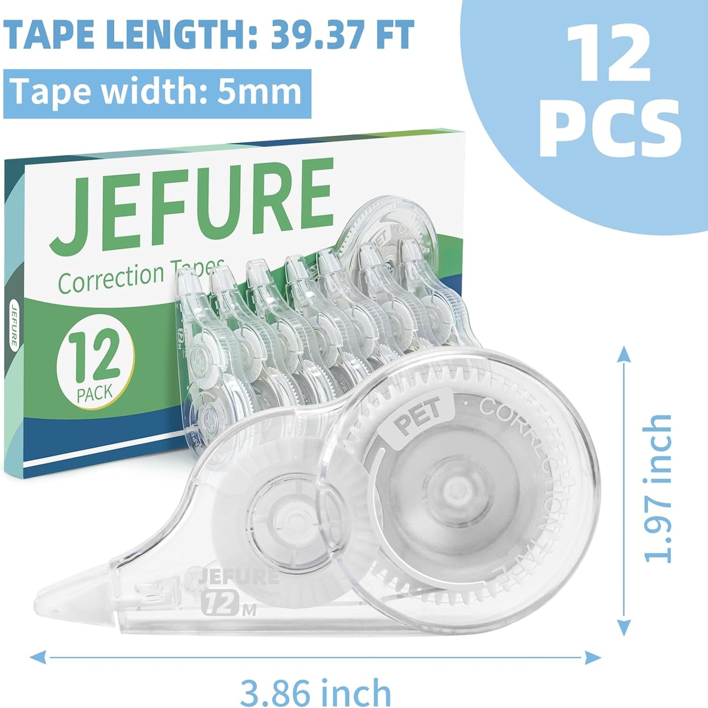 12 Pcs Correction Tape, 39.4 Ft White Wrong Out Tear-Resistant Bulk, Instant Corrections Easy To Use Applicator for School, Office, Note Taking, Journal (Tape Width 0.2 in, Clear)