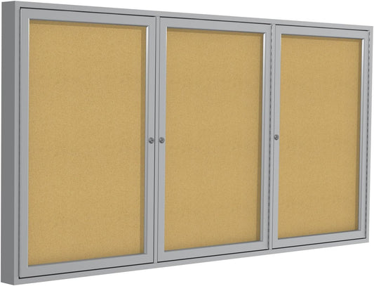 Ghent 48"x 96" 3-Door indoor Enclosed Bulletin Board, Shatter Resistant, with Lock, Satin Aluminum Frame - Natural Cork (PA34896K)-Made in USA