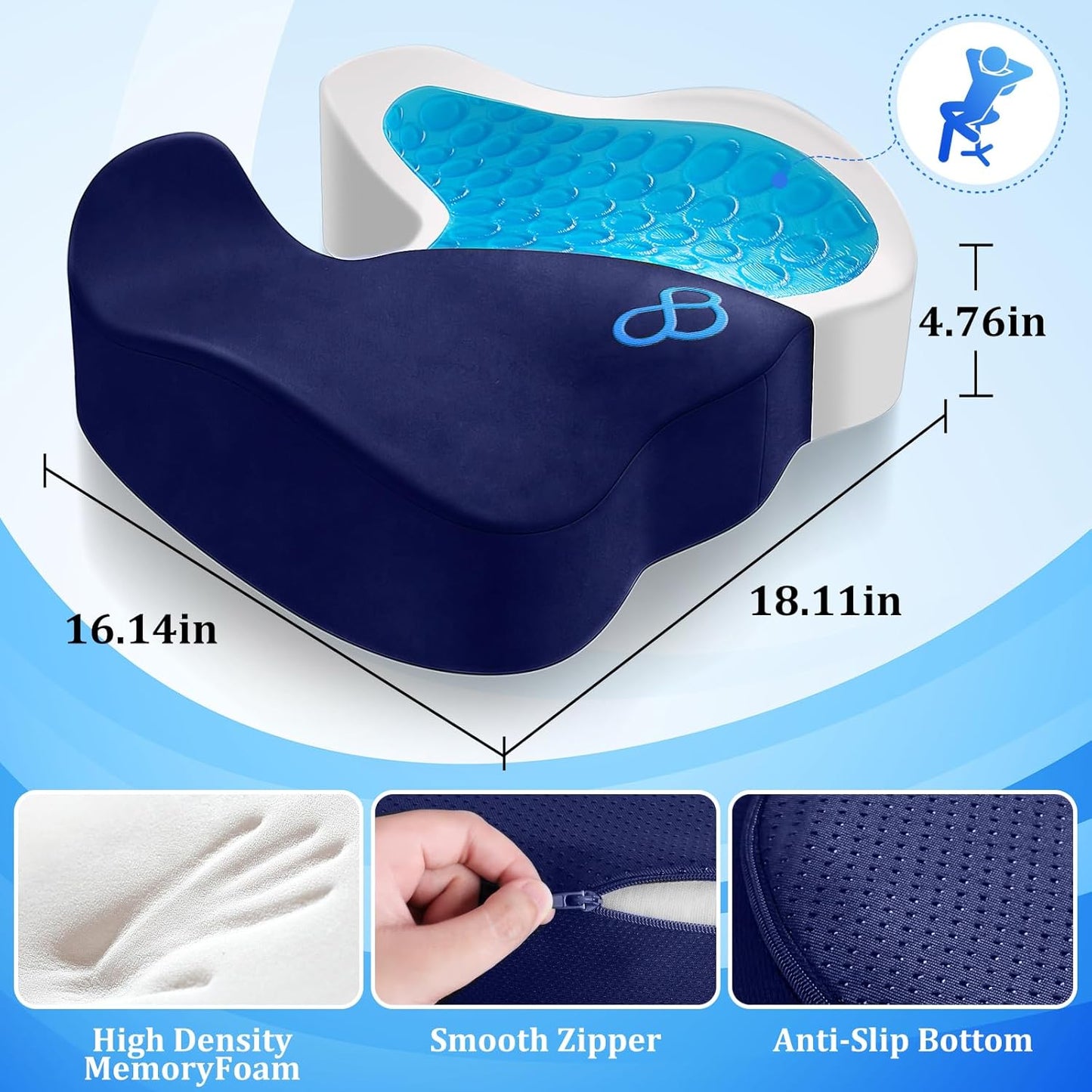 Seat Cushion, Gel Chair Cushions, Office Chair Cushions, Anti-Slip Bottom & Removable Cover Tailbone Pain Relief Cushion, Memory Foam Seat Cushion for Office, Wheelchair, Car (Blue)