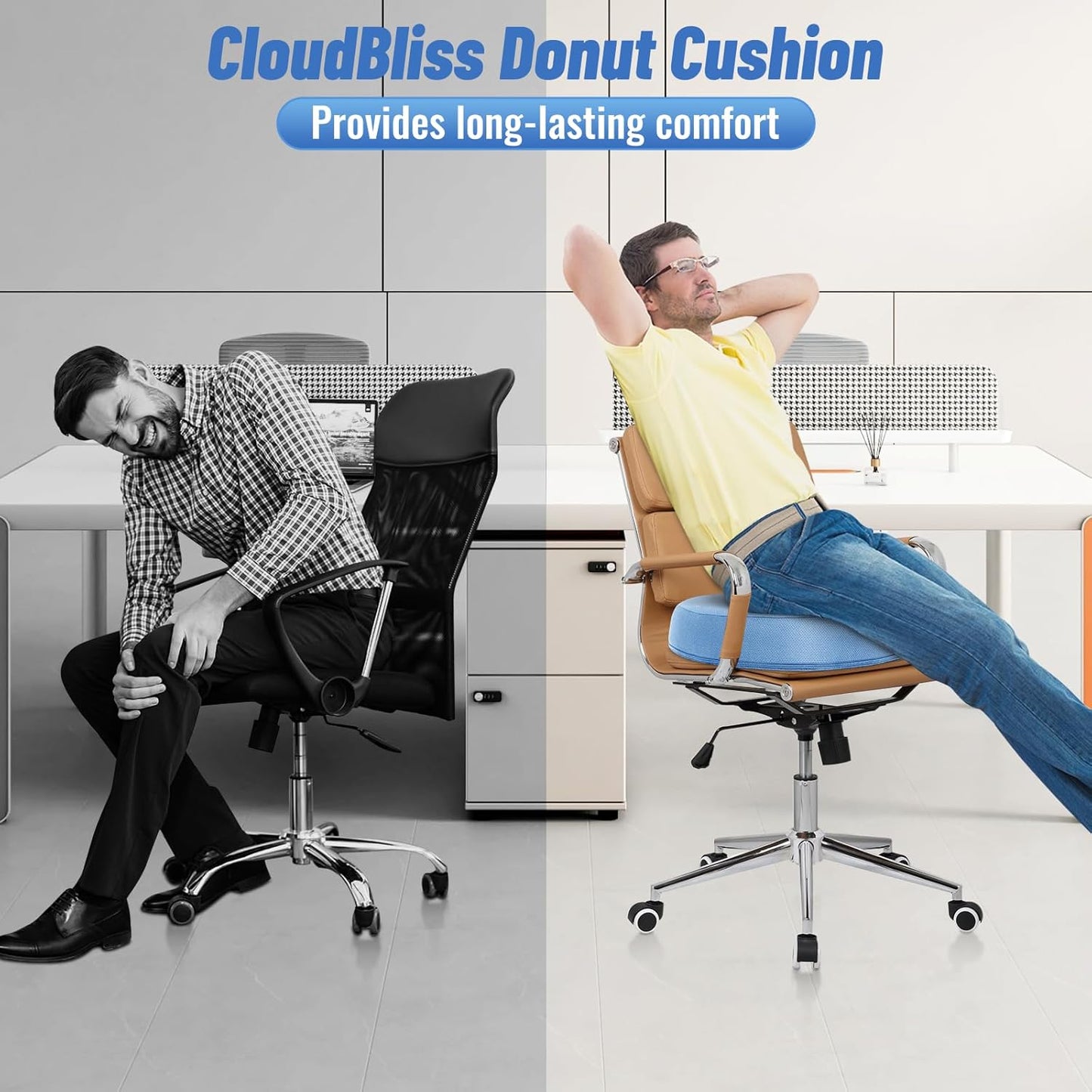 CloudBliss Donut Pillow Seat Cushion Chair Pad for Tailbone Pain Relief and Hemorrhoids, Memory Foam Seat Chair Cushion for Men and Women for Home & Office, (Light Blue)