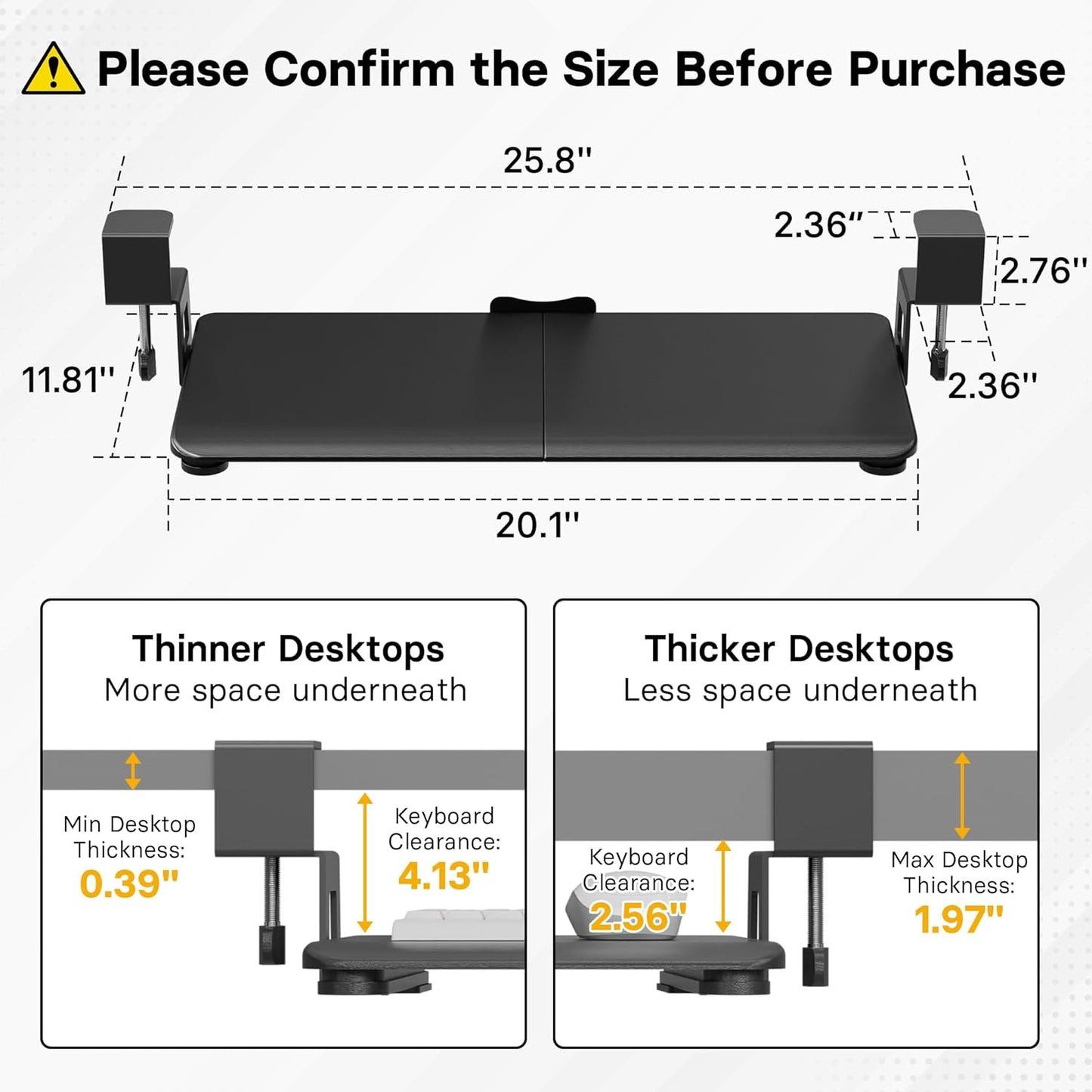 BONTEC KMT01-PJ Under Desk Keyboard Tray, Pull-Out Keyboard & Mouse Platform with C-Clamp, 20 x 11.8 in Space-Saving Ergonomic Slide-Out Drawer, Black