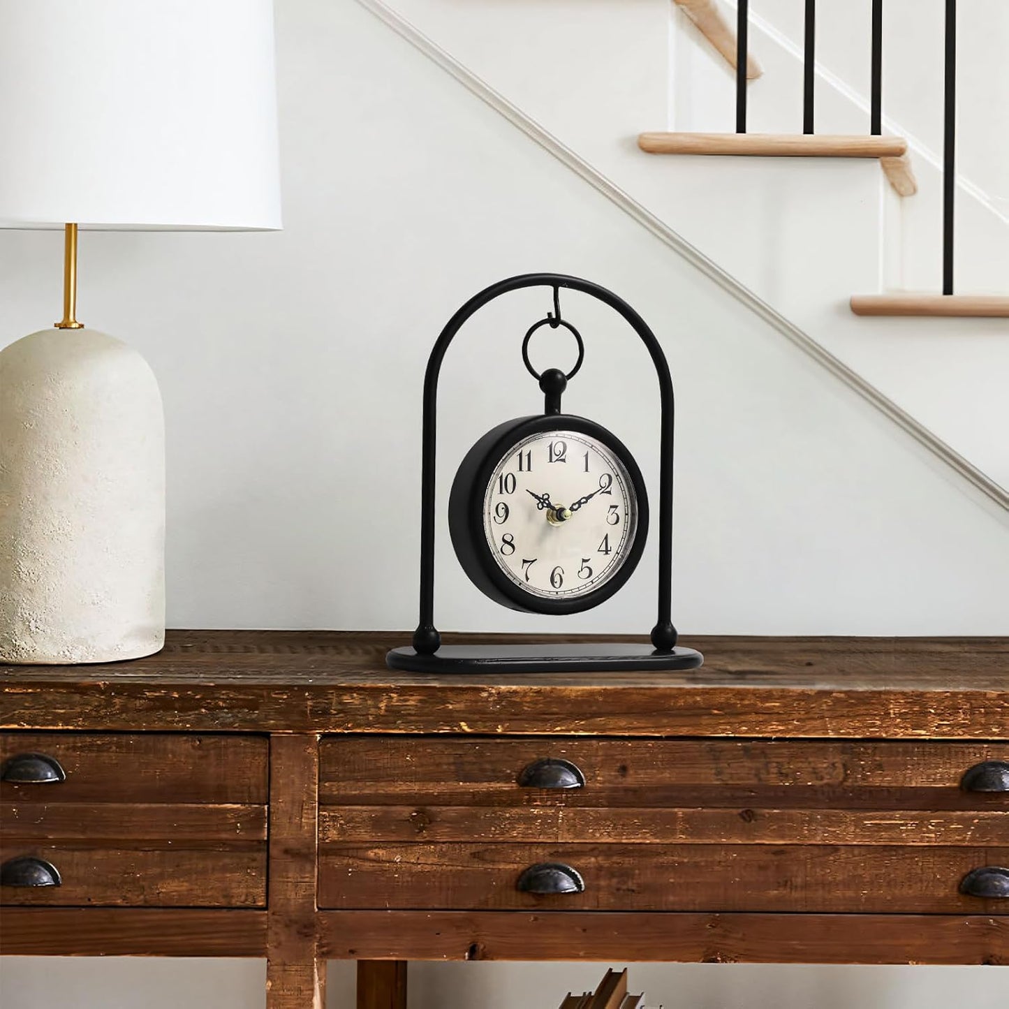 Vintage Metal Table Clock, Farmhouse Table Clock, Small Black Silent Non-Ticking Battery Operated Desk and Shelf Clocks for Home Kitchen Living Room Bedroom Decor