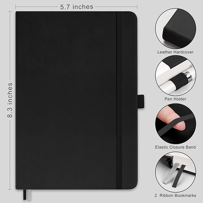 RETTACY Graph Grid Paper Notebook, 192 Pages, A5 Medium Size (5.7'' x 8.3''), 5 Squares per Inch, Leather Hardcover, 100 GSM Thick Paper, for School, Students, Math, Engineering (Black)