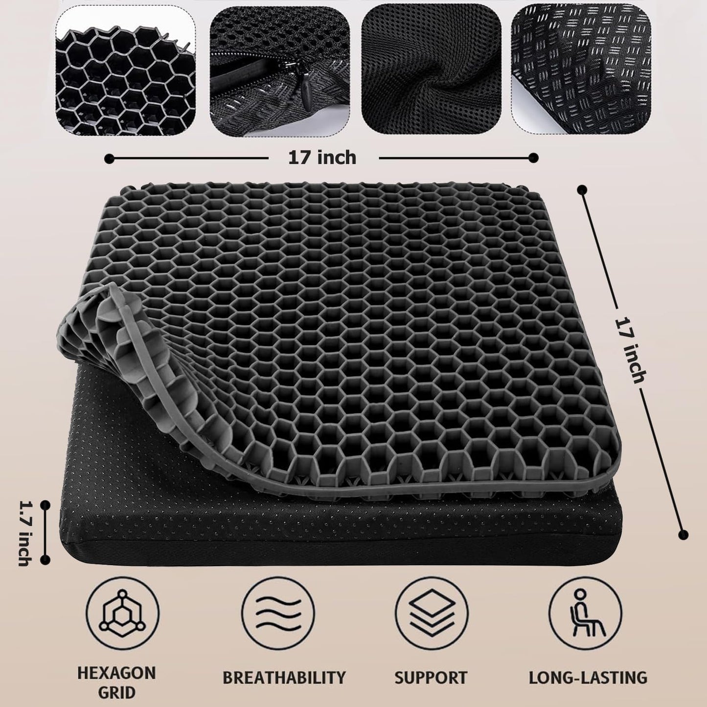 Extra Large Gel Seat Cushion, 17x17inch Double Thick Egg Gel Cushion for Pressure Pain Relief, Breathable Wheelchair Cushion Chair Pads for Car Seat Office Chair (Black)