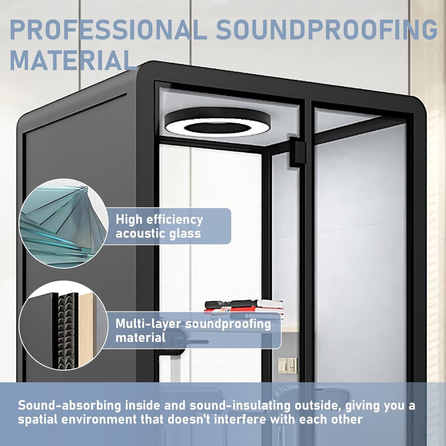Office Sound Booth with Audio Privacy - Modern Soundproof Booth Includes Black Frame Design,Simple Soundproof Room with Light, Socket,Casters for Office,Negotiation (59.05IN)