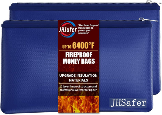 6400℉ Fireproof and Waterproof Money Bags 2pcs with Zipper,11''x6.3'' Fireproof Cash Bag with Zipper,Fireproof Wallet Envelope Safe Pouch Fireproof Bags for Cash Passports Keys Jewellery (Blue)