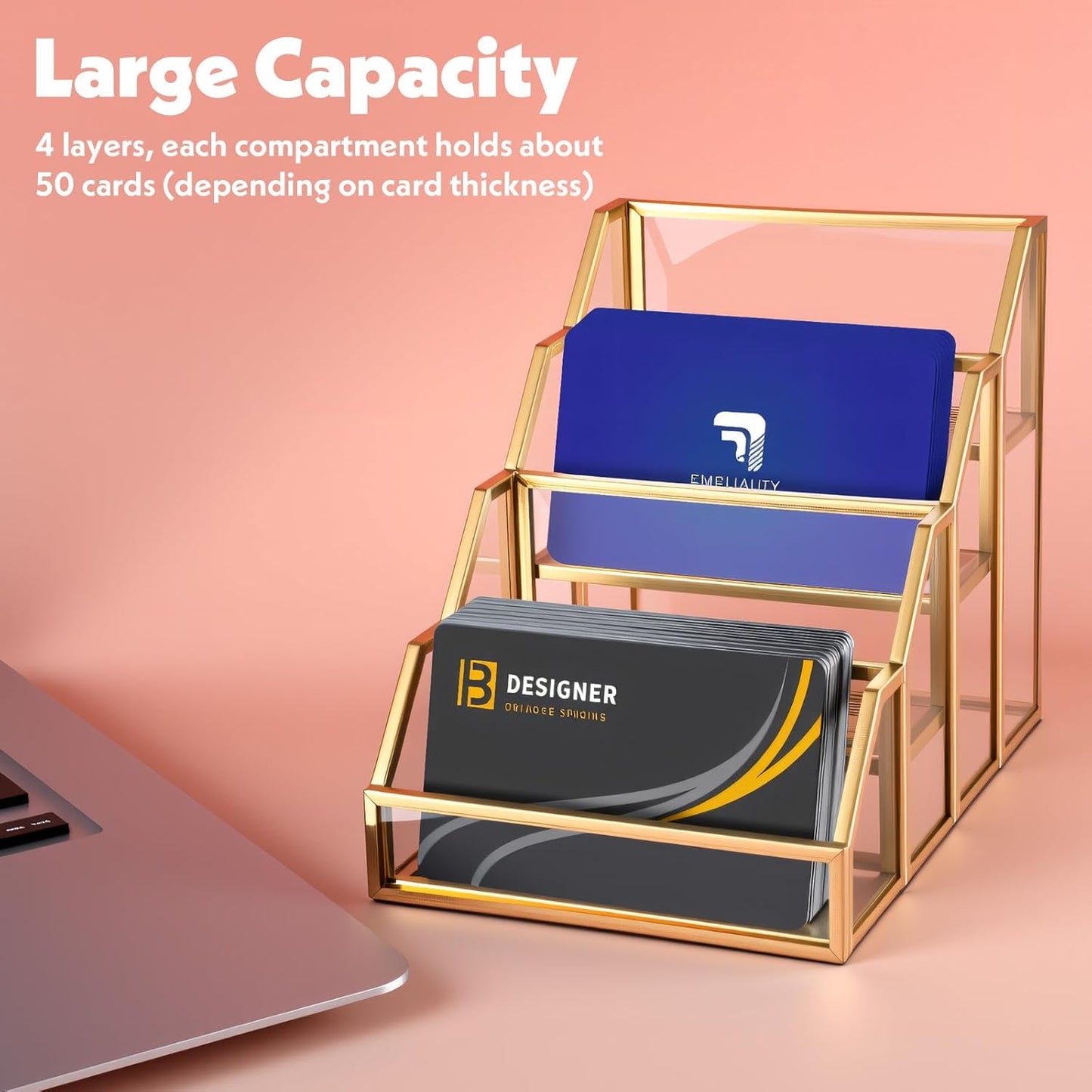 4 Slots Glass Business Card Stands for Display, Desktop Business Card Holder with Gold Metal Frame, Clear Name Cards Organizer for Office, Exhibition, and Meetings (4.13" L x 5.9" W x 4.72" H)