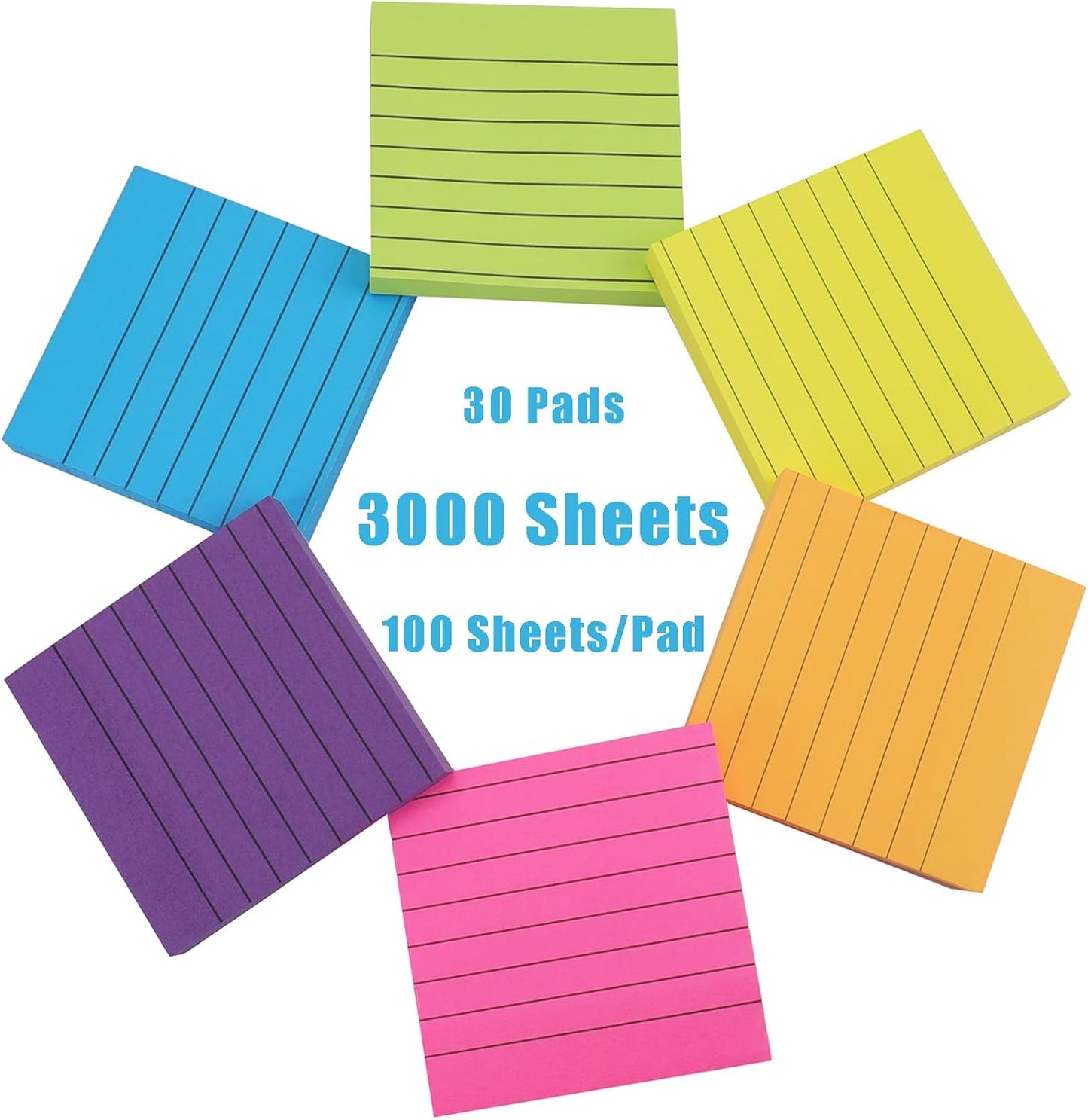 Nicunom 30 Pack Lined Sticky Notes 3x3 in, 3000 Sheets Bright Ruled Post Stickies Colorful Sticky Note Pads Super Sticking Power Memo Pads for Office Home School, 100 Sheets/Pad