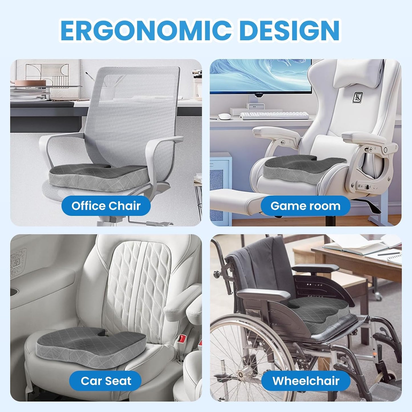 TushGuard Office/Car Seat Cushion, Non-Slip Sciatica & Back Coccyx Tailbone Pain Relief Chair Pad, Memory Foam Butt Pillow for Computer Desk, Wheelchair, Driving (Black&Grey, X-Large)