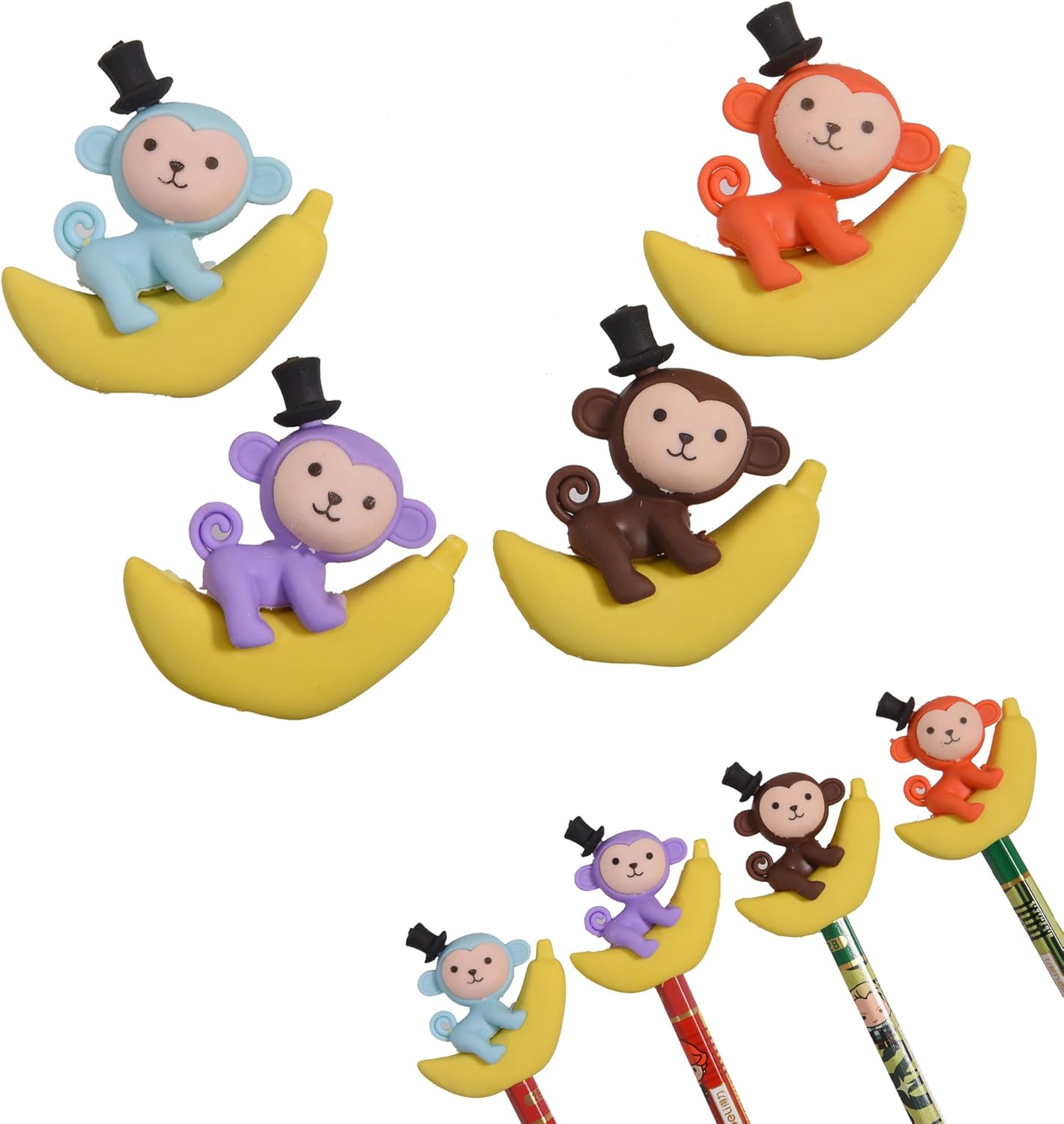 16Pcs Pencil Top Erasers for Kids, 3D Cute Monkey Pencil Toppers, Bulk Fun Pencil Cap Easters for School Classroom Supplies Prize Gifts Party Favors