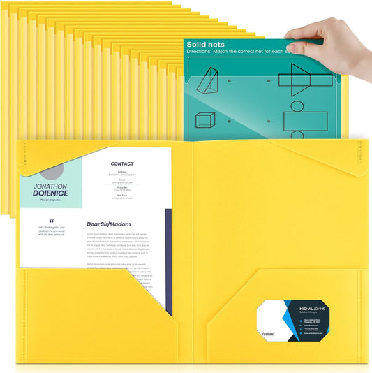 Henoyso 60 Pcs Plastic Folders with Clear Front Pockets Heavy Duty File Folders with 2 Pockets and Card Slot for Student Communication School Office Presentation Report (Yellow)