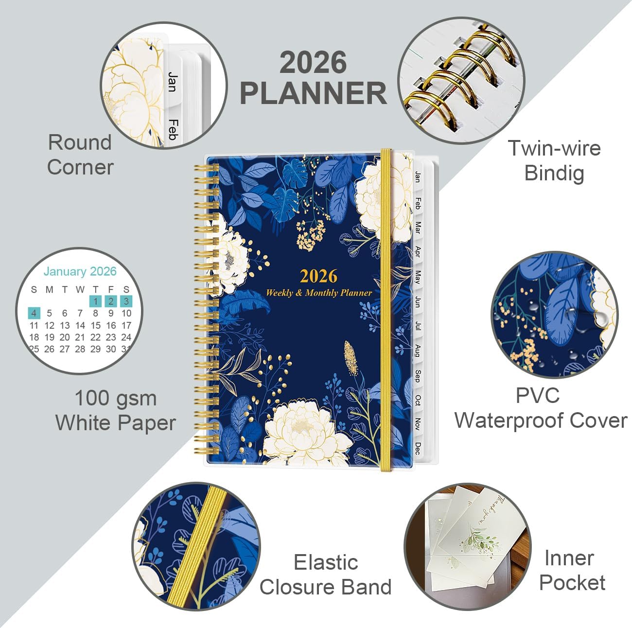 2026 Planner - Planner 2026 from January 2026 - December 2026, Weekly & Monthly Planner Spiral Bound with 12 Monthly Tabs, Inner Pocket, 6.4" x 8.5", Blue Flower