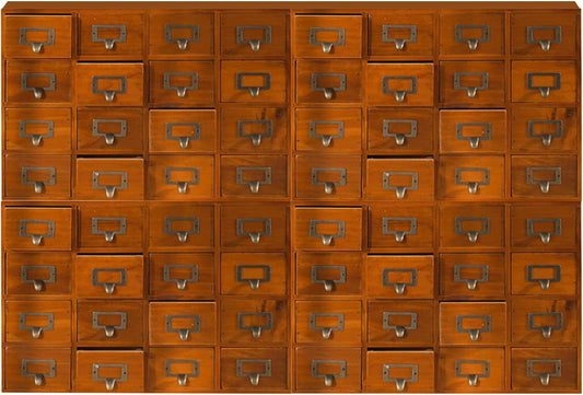Huge 64-Drawer Wooden Storage Box Traditional Apothecary Curio Cabinet in Vintage Wood - Card Catalog Library Desk Drawer w/Label Holders Handles - Multi Level Countertop Arts and Craft Organizer