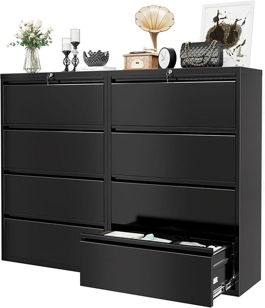 Superday Lateral File Cabinet 4 Drawer Metal File Cabinet with Lock, Black Filing Cabinets for Home Office, Locking Filing Cabinets Hanging Files Letter/Legal/F4/A4