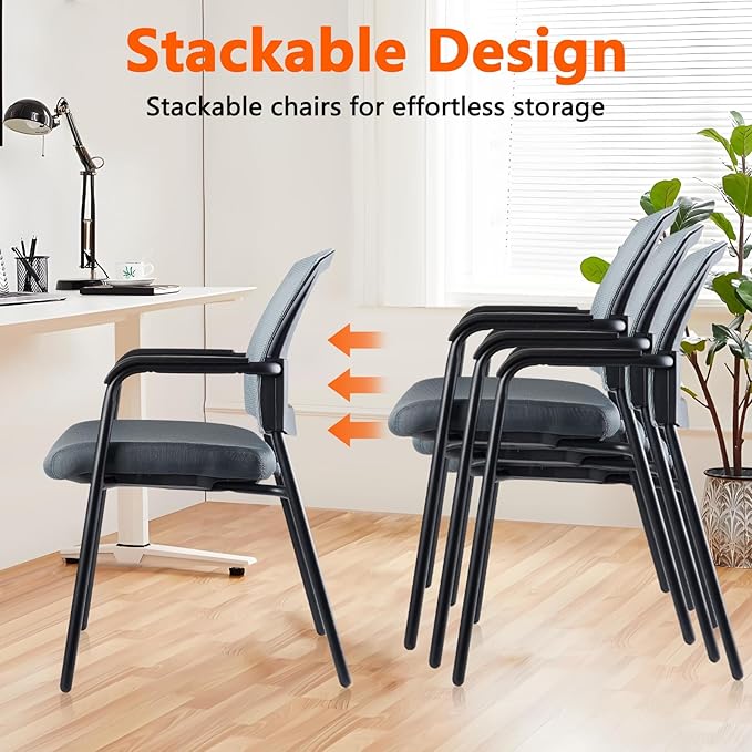 CLATINA Grey Stacking Chairs Stackable Waiting Room Chairs with Armrest, Mesh Office Reception Guest Chair for Home Desk Conference Lobby Church Medical Meeting Training Ergonomic, Set of 8