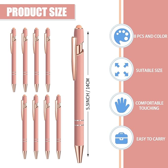 8 Pcs Blue Ink Ballpoint Pen with Stylus Tip 2 in 1 Stylus Ballpoint Pen Metal Pens Stylus Pen for Touch Screens School Office Coworkers (Pink Rose Gold)