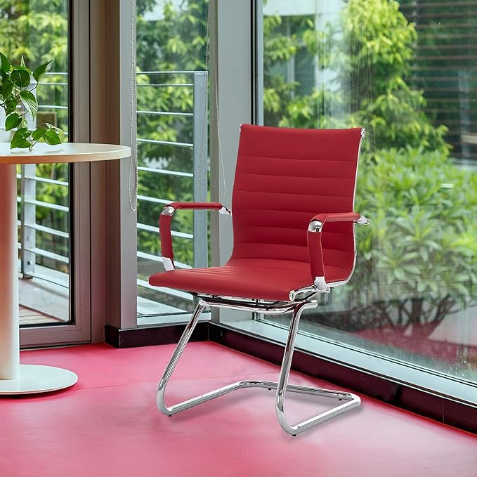 Office Desk Chair Set of 4,No Wheels PU Leather Computer Chairs Mid Back Guest Chairs with Seld Base for School/Reception/Conference/Waiting Room, Burgundy Red