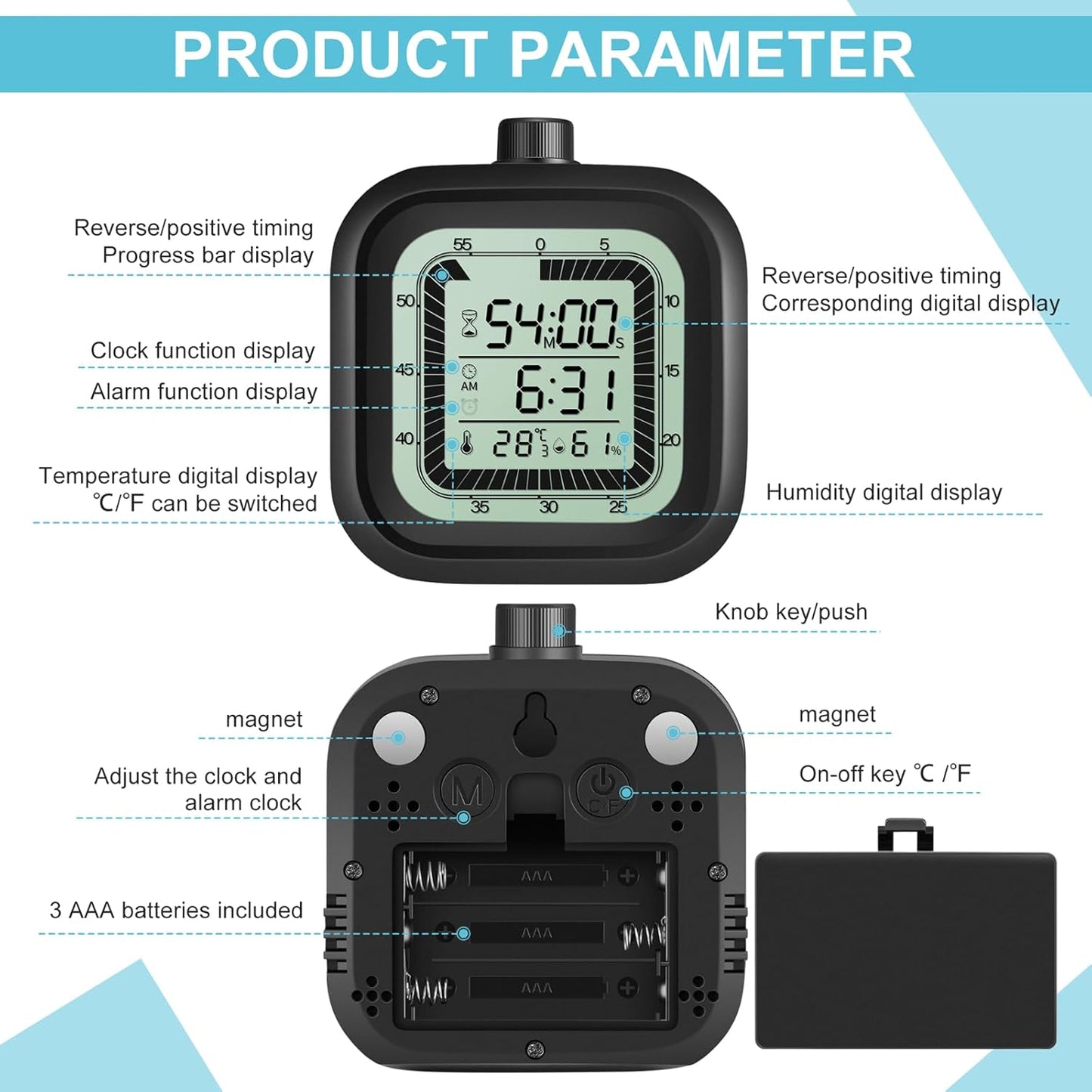 Visual Timer for Kids with Alarm Clock Countdown Count-up 1-60 Minutes Kitchen Timer Student Bathroom Shower Clock Training Timer with Digital Thermometer Hygrometer Black