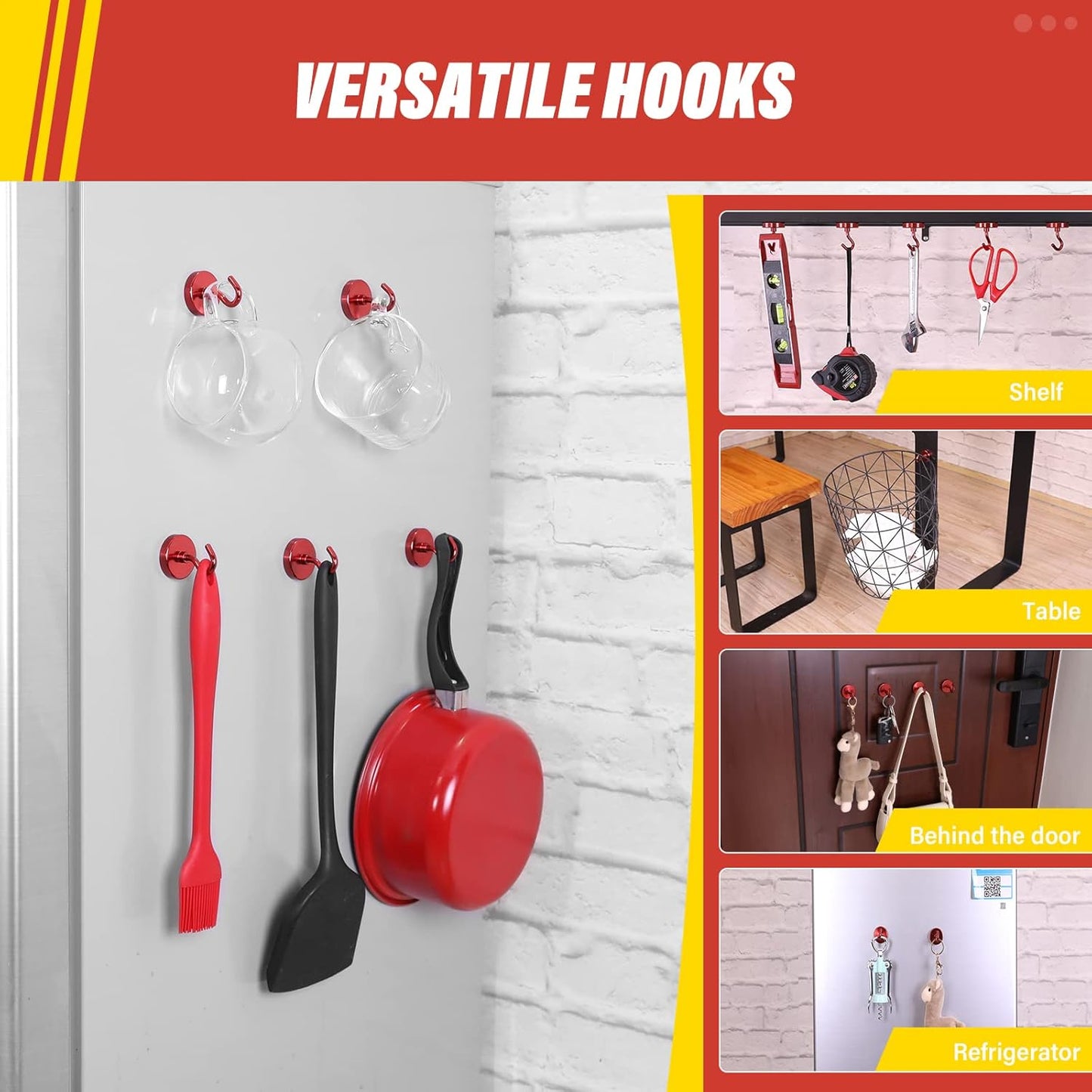 Neosmuk Magnetic Hooks Heavy Duty, Strong Magnet with Hook for Fridge, Super Neodymium Extra Strength Industrial Hooks for Hanging, Magnetic Hanger for Toolbox, Cruise, Grill(Red,4 Pack)