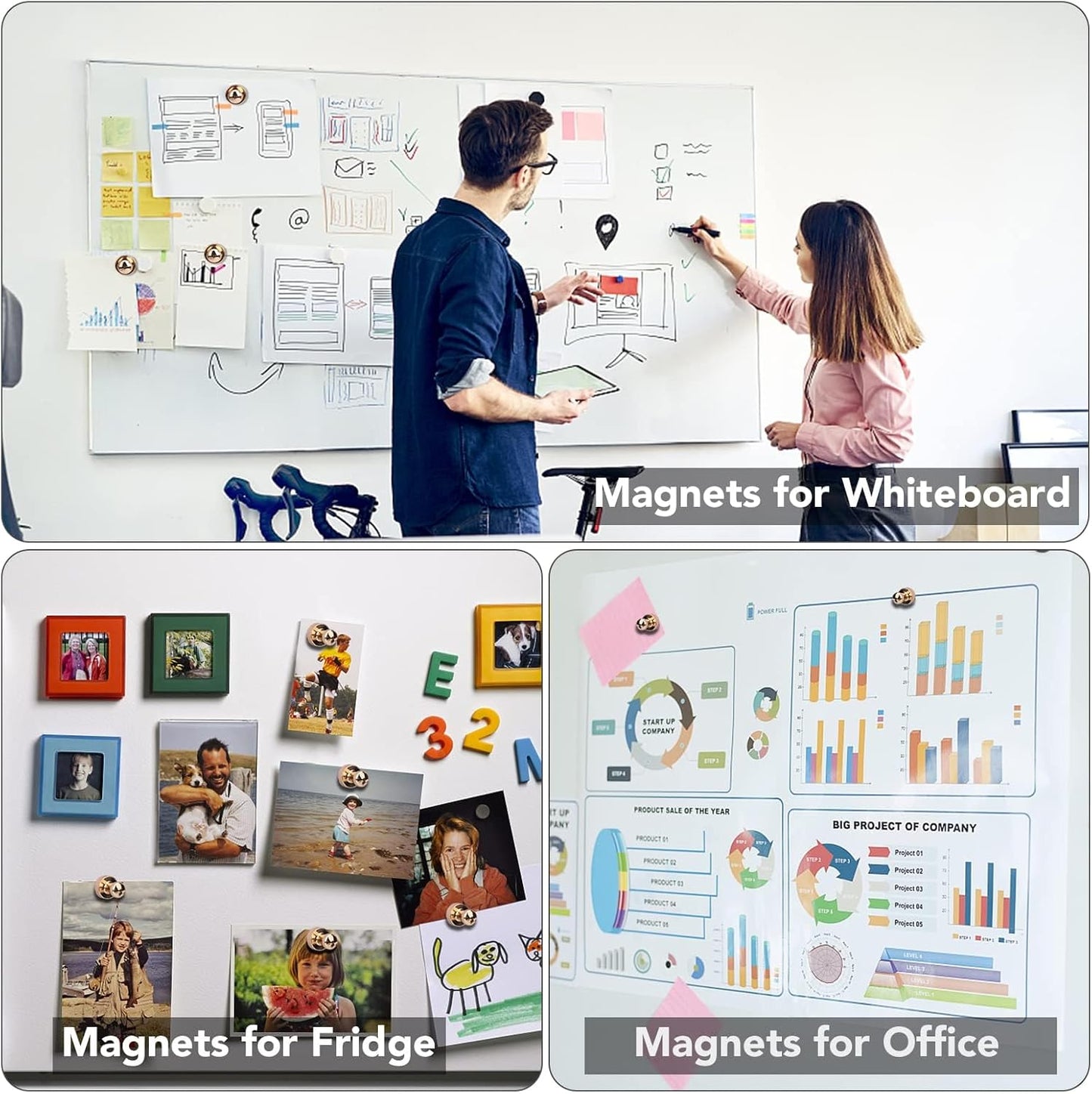 LOVIMAG Refrigerator Magnets, Fridge Magnets, Strong Whiteboard Magnets, Gold 25 Pcs Magnetic Push Pins, Strong Metal Magnets for Fridge, Whiteboard, Office, Classroom, Map, Kitchen