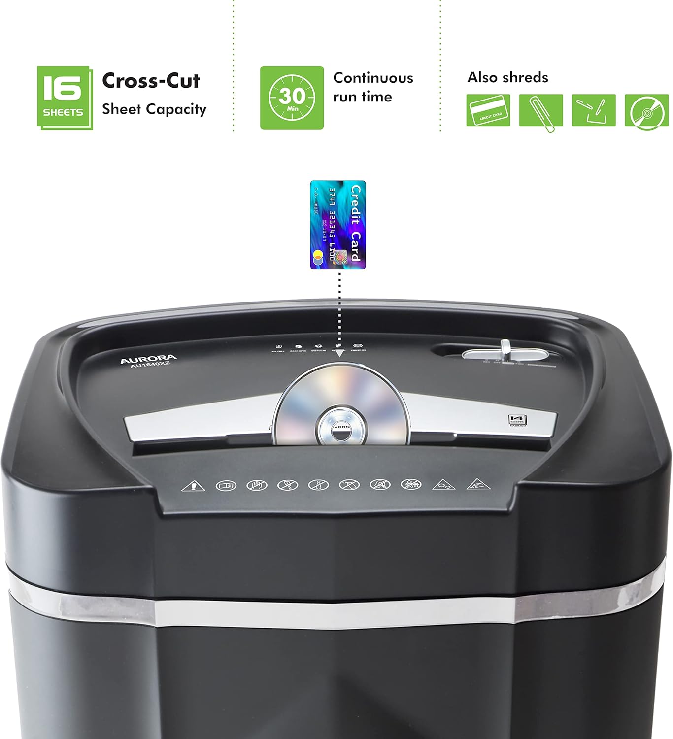 Aurora Anti-Jam 16-Sheet Crosscut Paper/CD and Credit Card Shredder/ 5-Gallon pullout Basket 30 Minutes Continuous Run Time