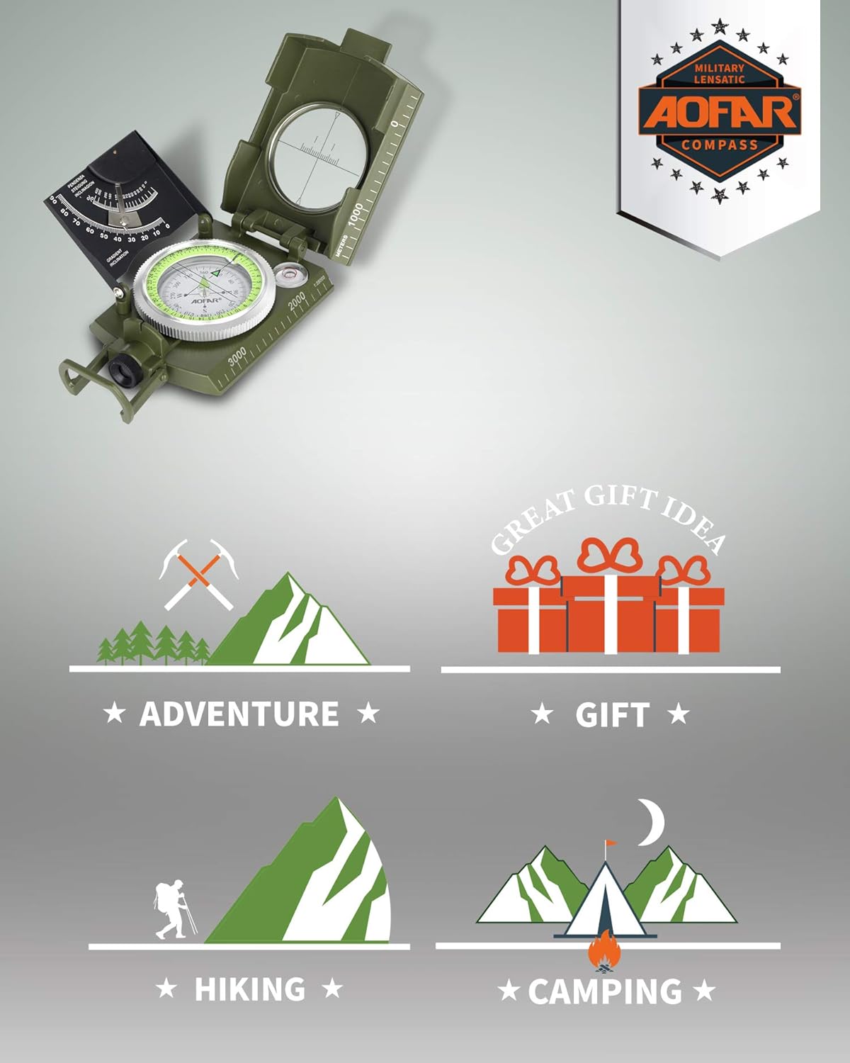 AOFAR AF-4074 Military Compass for Hiking,Lensatic Sighting Waterproof,Durable,Inclinometer for Camping,Boy Scount,Geology Activities Boating