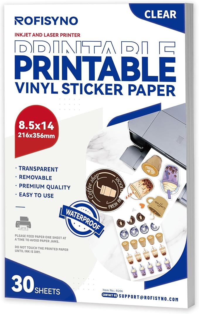 8.5x14 Printable Vinyl Sticker Paper Waterproof, Removable Self Adhesive Vinyl Sticker Sheets for Inkjet and Laser printer, 30 Pack, Legal Size, Milky Transparency