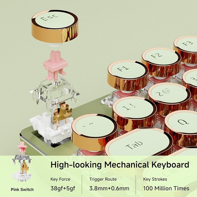 EWEADN Typewriter Style Mechanical Gaming Keyboard, Wired Mechanical Keyboards,104 Keys Backlit LED Keyboards, Media Control Knob, Wired Computer Keyboard Pink Switch for Windows/Mac/PC-Green