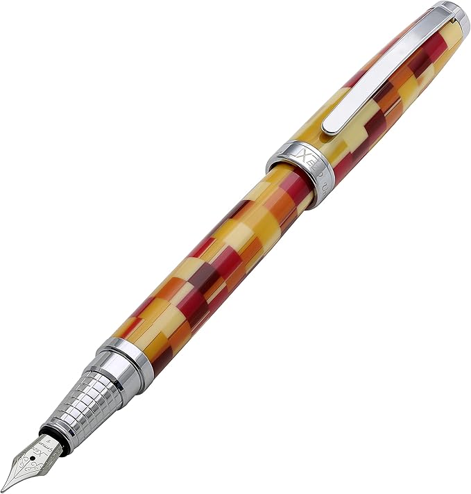 Xezo Urbanite Fine Point Fountain Pen. Retro Red, Yellow, Orange, and Cream Colors with Chrome Plating. Limited Edition and Serialized. No Two Alike