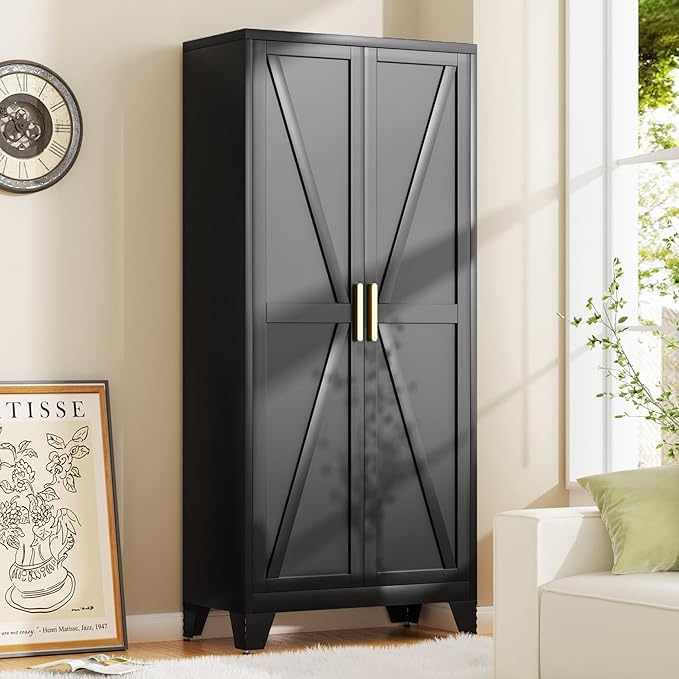 71H Tall Metal Storage Cabinet with 2 Doors and 5 Shelves,Farmhouse Storage Cabinet with Barn Doors,Pantry Storage for Home,Office,Bathroom,Dining Room,Kitchen(Black)
