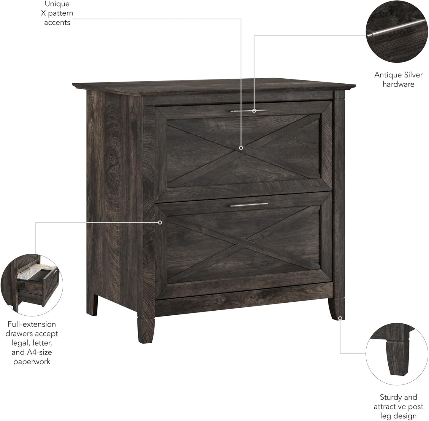 Bush Furniture Key West 2 Drawer Lateral File Cabinet in Dark Gray Hickory | Document Storage for Home Office | Accent Chest with Drawers