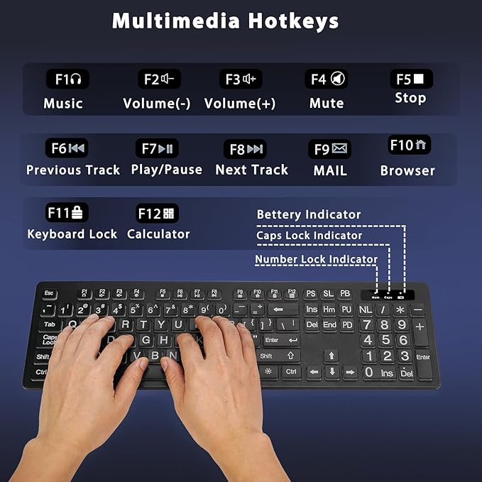 Large Print Backlit Wireless Keyboard, 2.4G Silent Wireless Light Up Keyboard, Full Size Computer Keyboards with 7 Colored Backlits, Rechargeable Keyboards for Windows, PC, Laptop