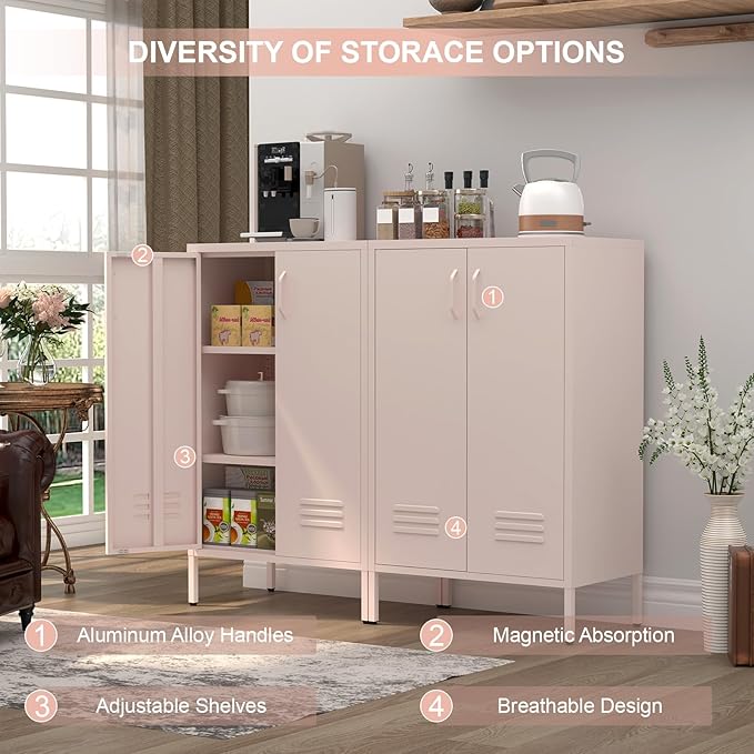 Storage Cabinet,2 Doors Locker Cabinet with Legs,Entryway Cabinet with Adjustable Shelves,Metal Locker Storage Cabinets for Office,Classroom,Bedroom,Pink