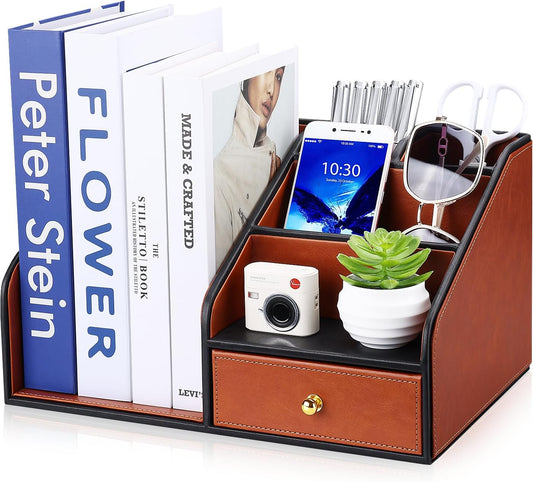 GORESE PU Leather Desk Organizer with Magazine File Holder, Drawer and 4 Compartments, Office Workspace Organizers and Accessories, Large Desktop Organization with File Rack Pen Holder - Tan Brown