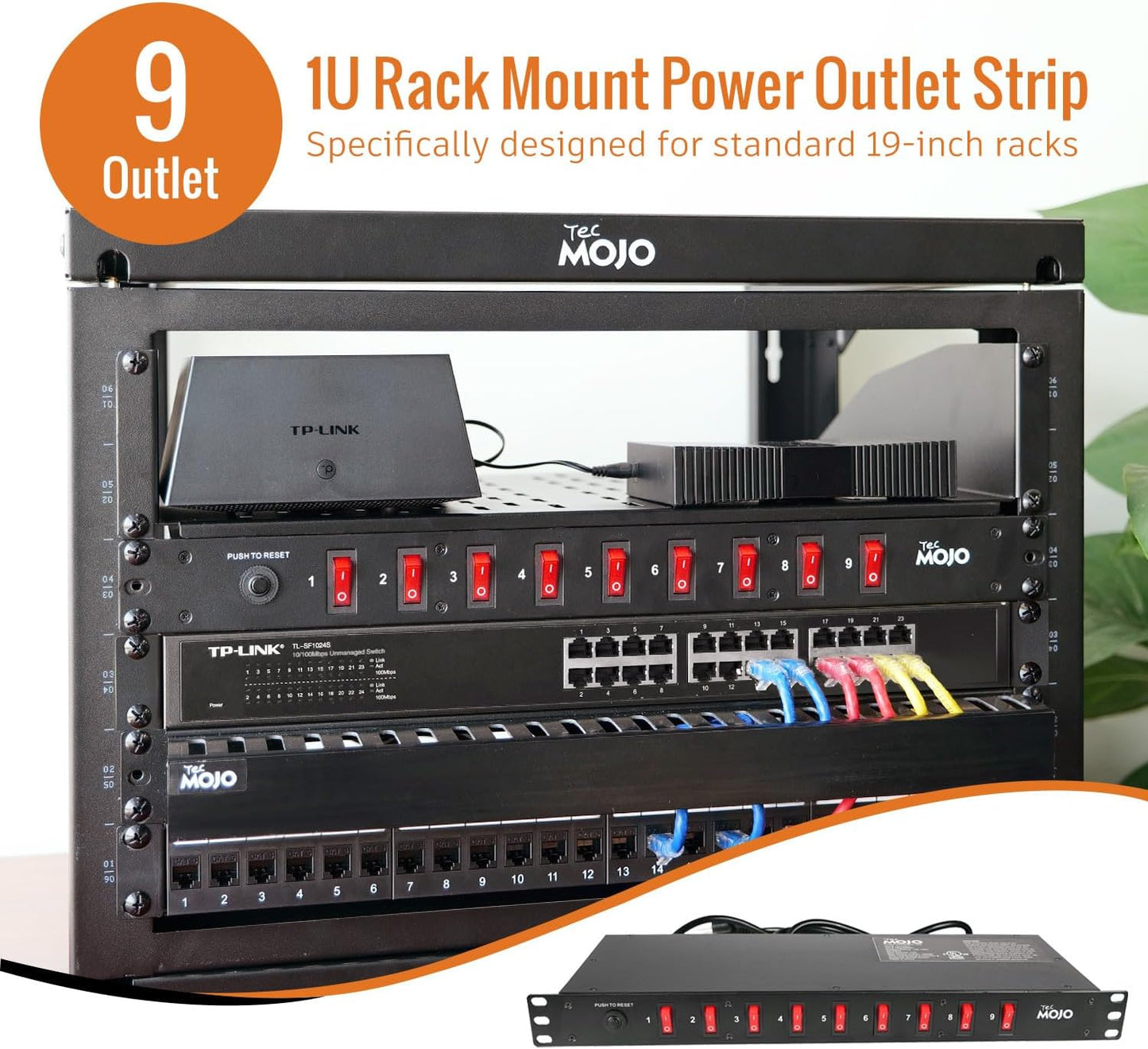 Tecmojo 9-Outlet Rack Mount Overloading Protection Circuit Breaker PDU Power Strip with Individual Switch 6ft Cord for IT and Network Racks and Cabinets