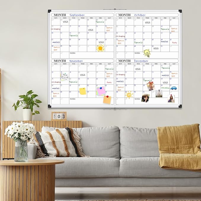 XBoard Magnetic Calendar Whiteboard 48x36 inch, 4 Month Foldable Dry Erase Board Planner, Silver Aluminium Framed White Board Calendar for Home School Office Organization