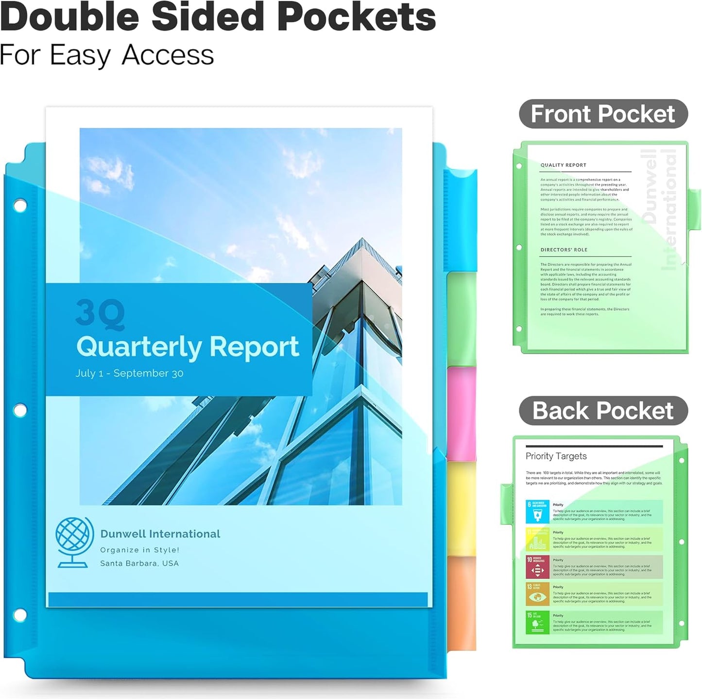 Dunwell Plastic Binder Pocket with 5 Tabs (3 Set, 15 Count), 5-Tab Dividers with 2 Pockets for 3-Ring Binder, Slash Pocket Dividers 3 Hole Punched, 5 Subject Divider Folder, Includes Label Inserts