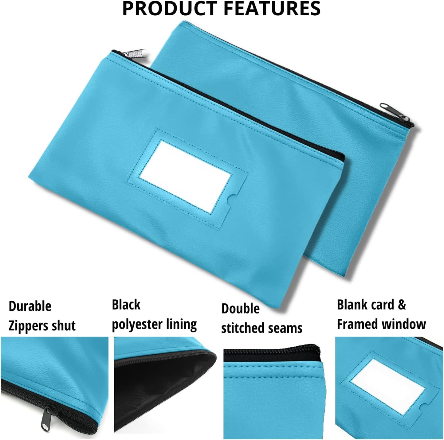 Money Bank Deposit Bag with Zipper | 11x6 inch | Light Blue | Durable Leatherette Money Cash Coin Check Wallet Pouch for Men & Women with Framed ID Window and Blank Card | by GIDABRAND (1)