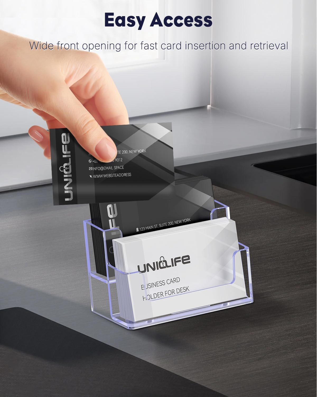 Uniclife Acrylic Business Card Holder for Desk 2 Slots Clear Business Card Display Stand for Men & Women Desktop Business Card Organizer Card Stand for Office Home Exhibition, 120 Card Capacity