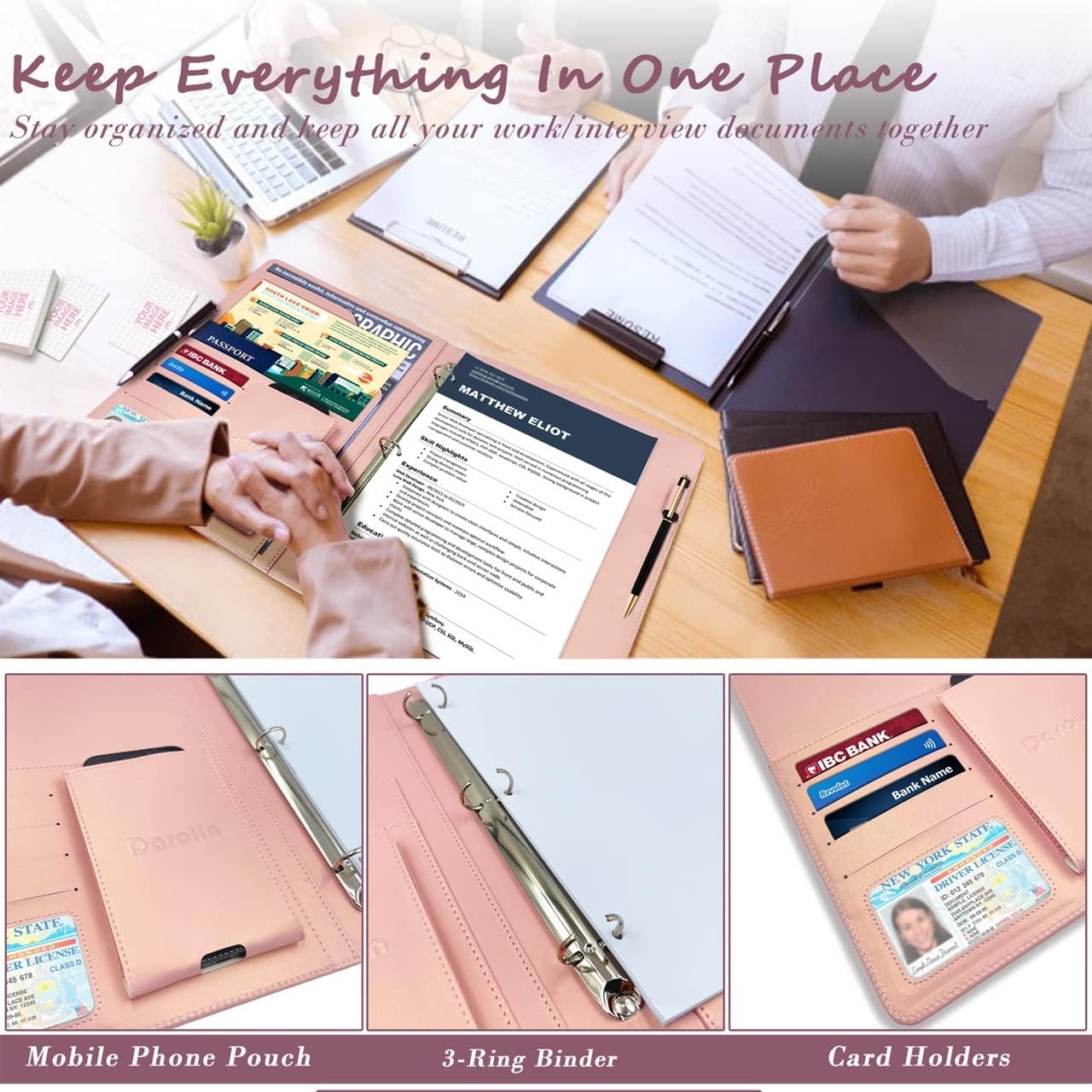 Darolin Business/Resume Portfolio Folder Binder, Padfolio with 3 Ring Binder, Interview/Conference/Legal Document Organizer, Leather Portfolio Padfolio for Women/Men-RG